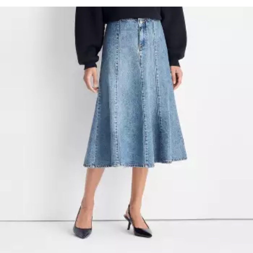 FUTURE COLLECTIVE Women’s Women's Flared Denim Midi Skirt - Medium Wash 14